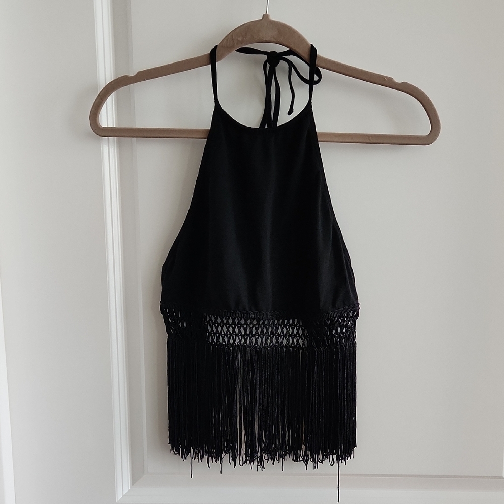 ASOS Black Halter Crop Top with Fringe